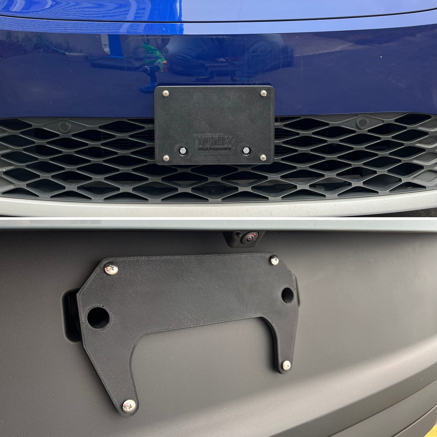 No drilling license plate mounting kit front & rear for Volkswagen VW ID.4. Must have if you want to prevent drilling holes in front bumper. Improves the look of your ID.4. ID.4 must have mod.